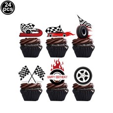 교통 콘 및 플래그 체크 검정 깃발 생일 무늬 흰색 테마 장식 자동차 용 레이싱 경주, Cupcake topper
