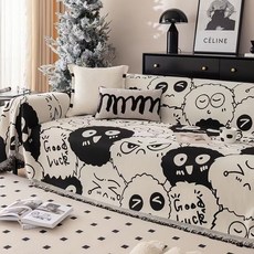 防滑卡通圖案沙發蓋布 雙面可用 居家裝飾毯, 1個, 【禦錦年雪尼爾】黑煤球,寬180*長130cm