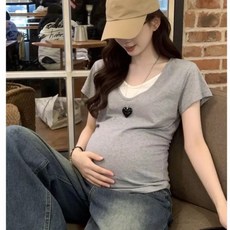 임산부 여름 반팔 티셔츠 캐주얼 임부복 라운드넥 페이크 투피스 슬림핏 반팔티 패션 임부 반팔 상의 YXF