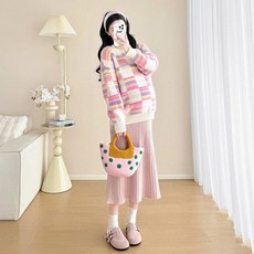 봄 가을 임산부 세트 캐주얼 패션 임부복 루즈핏 니트 스웨터 + 니트 롱 원피스 투피스 세트 기질 임부옷 WXY