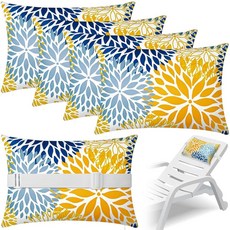 Lineshading 스트랩이 있는 긴 의자 라운지 베개 4개 야외 방수 수영장 의자 목 머리 받침 베개 조절 가능한 탄성 밴드 포함 해변 파티오 의자 리클라이너용(오렌지, 플로럴, 옐로우