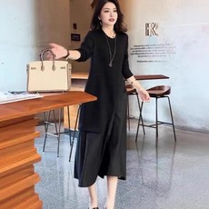 투니스 여성 무드 언밸런스 투피스 디자인 라운드넥 긴소매 롱 원피스