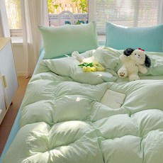 1급 믹스매치 단색 워시드 면 4종 세트 초부드러운 구름 면 기숙사 3종 세트 4종 세트, 카테고리 A - 믹스 앤 매치 - 조류 녹색과 수생 녹, 0.9m 침대 시트 3종 세트(이불커버 1.5x2m)