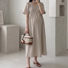 [당일출고] 수엠W 임산부 브이넥 셔링 롱 원피스 빅사이즈 루즈핏 하객룩 출산전후 R05 누벨셔링원피스