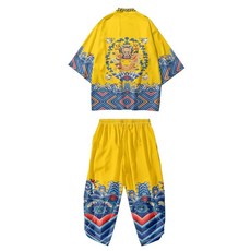 DOSLAVIDA 남성용 기모노 카기건 수트 경량 투피스 비치 의상 일본 오픈 프론트 7부 소매 셔츠 및 반바지 옐로우-x S