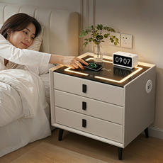 스마트 침대협탁 3단 서랍 수납장 무선충전 LED 조명 USB Type-C 충전포트 침실 사이드테이블 50cm, 1개, 아이보리