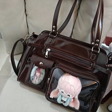 MONI 덕질가방 솜인형 캐주얼 수납 아이돌 콘서트가방 포토카드 키링 굿즈 꾸미기, 1개, 브라운 더블 숄더 스타일