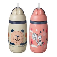 Tommee Tippee 단열 빨대 병 255.1g(9온스) 흘림 방지 유아용 물병 12개월 이상 플립 뚜껑은 빨대를 깨끗하게 유지하는 데 도움이 됩니다 핑크 및 그레, Tommee Tippee 단열 빨대 병, 255.1g(