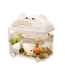 卡通貓咪造型帶輪透明養殖箱 適用於倉鼠生態飼養, 魚缸 白色, 1個