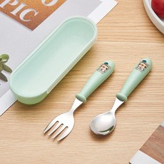 兒童不鏽鋼叉勺 可愛短柄學吃飯訓練, 1個, 淺綠色,叉子
