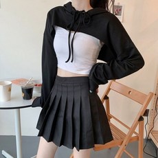 여성용 하라주쿠 크롭탑 패치워크 후드 스타일리시 있는 여성 케이팝 스웻셔츠 스키니 풀오버 불규칙 카와이 의류