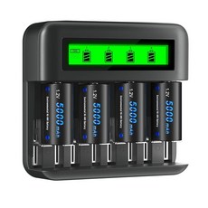 CITYORK 4팩 충전식 C 배터리 5000mAh 충전기 포함 1.2V Ni-MH AA AAA D 배터리용 8 슬롯 LCD 스마트 셀 포함 (USB 케이블 포함), CITYORK 4팩 충전식 C 배터리 5000mAh 충