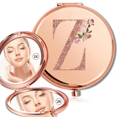 돋보기 메이크업 라운드 거울 양면 금속 화장품 휴대용 모양 유리 소형 휴대용 거울 로즈 골드 문자 패턴, Z