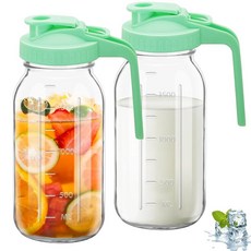 1피스 와이드 메이슨 병 피처 1.9L(64온스) 유리 피처 뚜껑 포함 이중 누출 방지 손잡이 워터 저그 넓은 입구 모유 피처 냉장고 용기 물 주스용(1 블루), 2, 초록색