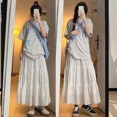 화이트 케이크 스커트 여성용 여름 하이웨이스트 미디 길이 루즈핏 퍼프 스커트