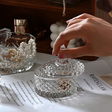 爆款梳妝臺玻璃首飾盒 復古裝飾擺件 居家精致桌面飾品 項鏈收納盒, 1個, 矮款-小圆柱