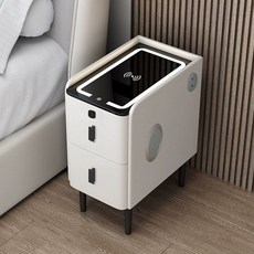 미니협탁 틈새 led 블루투스스피커 침대 무선충전, 완전 조립 완료, 30x40x48cm, 화이트 USB 지문 잠금