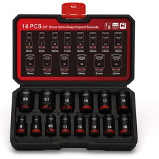 38인치 드라이브 세미 딥 임팩트 소켓 세트 중간 길이 미터법 822mm 4피스 CRMO 스탬프 및 잉크 충전 크기 표시, 1/2" Drive 49pcs