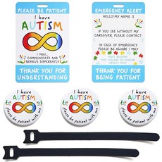자폐증 인식 핀 및 안전 태그 카드 세트 - 자폐증 핀 배지 버튼 3개 포함 | 후크 앤 루프 스트립이 있는 자폐증 카드 2개 유모차 백팩 및 의류에 꼭 필요한 자폐증 카드