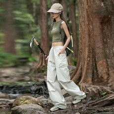 大口袋衝鋒褲女 薄長褲 闊腿機能褲 - 防潑水休閒登山運動長褲