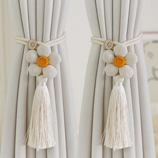 桃園出貨 窗簾綁帶簡約清新花朵創意裝飾紗簾收納扎束帶窗簾釦環夾K-374, 米白一對, 1個