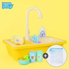 해피플레이 물나오는 뽀득뽀득 싱크대 장난감 옐로우, 뽀득뽀득 싱크대 옐로우+물놀이 정리망, 1개