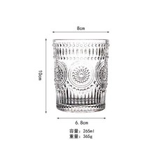歐式浮雕太陽花玻璃杯 金邊復古設計水杯 適用於果汁及威士忌, 矮款透明,250-350ml, 1個