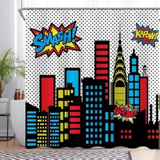 Yriujul 만화 슈퍼히어로 도시 경관 샤워 커튼 욕실 스카이라인 건물 도시 붐 아트 재미있는 홈 데코 세트 후크 12개 방수 폴리에스터 182.9cm x 182.9cm(72, Yriujul 만화 슈퍼히어로 도시 경관 샤워 커튼 욕