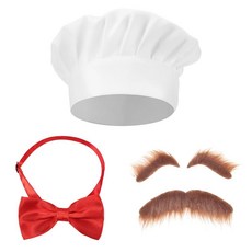 Yptniginu 3피스 할로윈 요리사 코스튬 세트 셰프 모자 나비타이 가짜 눈썹 수염 콧수염 포함 남성용 코스프레 파티용 레드 화이트