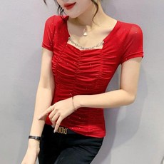 여성라인댄스복 상의 라틴 스포츠 댄스 반팔 빅사이즈 스퀘어넥 망사 티셔츠 스팽글 주름 반짝이 화려한