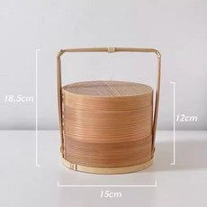 格森 中式復古雙層籃便當盒 木製便攜食盒 原木色15cm, 1個, 原木色15cm（較小介意慎拍）