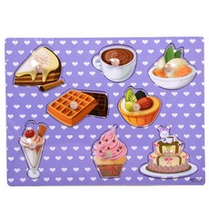 木製拼圖 木釘手抓板拼圖 動物認知 早教兒童 益智拼板 商檢合格, 1個, 甜點E9O（蛋糕.咖啡..』編號019