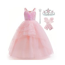 Xefenki Good Witch Glinda 코스튬 드레스 여아용 할로윈 코스프레 의상 왕관 마술 지팡이와 장갑 포함 핑크 7-8세