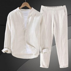 남성 면마 긴팔 셔츠 + 밴딩 배기팬츠 와이드핏 심플 긴바지 데일리룩 남자 편안한 상하의 세트