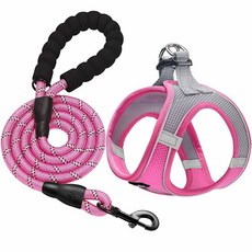 Haapaw 목줄 세트가 있는 강아지 하네스 당김 없는 조절 가능한 반사 스텝인 두꺼운 패딩 조끼 포함 초소형/소형 중형견용, 그레이 / 핑크