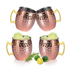 UNISWEET 모스크바 뮬 머그 4개 세트 광택 해머드 마감 구리 머그잔 골든 구리 손잡이가 있는 304 스테인리스 스틸 안감 와인 맥주 차가운 음료 바 파티