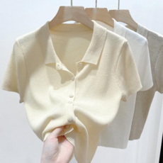 薄款Polo領針織衫女夏季短袖純色百搭短款上衣
