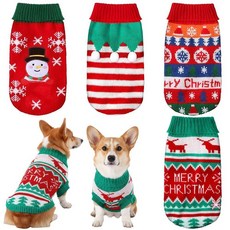 Shinylin 4팩 강아지 크리스마스 스웨터 의상 홀리데이 스웨터 순록 눈사람 스트라이프 니트 옷 소형 중형 대형견 반려동물용(미디엄) 198783