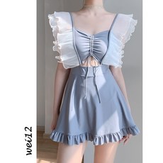 KAKA여자 원피스 일체형 수영복, S(80-90근 권장), 블루 그레이, 그레이