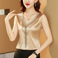 시원한 실크 아세테이트 부드럽고 나시 사이 민소매 브이넥 태슬 새틴