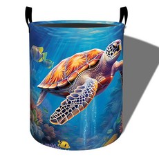 Amepay 바다 거북 세탁 바구니 산호초 디자인 접이식 옥스포드 천 손잡이가 달린 생활 방수 더러운 옷 욕실 침실 기숙사용 의류 보관 버킷 장난감 정리함 50 x 39., Amepay 바다 거북 세탁 바구니, 산호초 디자인 접