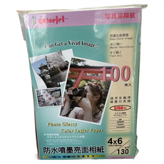 【colorjet】4X6數位防水亮面相紙130磅100張，適用於HP、EPSON、Canon等噴墨印表機，色彩鮮明，防水耐用, 4x6, 1個