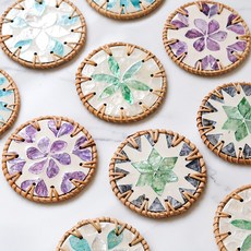 오릴리 천연 자개 핸드메이드 라탄 티코스터 컵받침 시리즈 6종, 2개, 녹색잎+녹색꽃