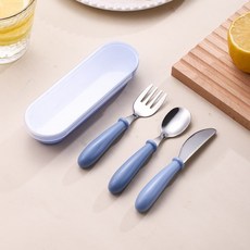 304不銹鋼兒童餐具勺叉套裝 寶寶餵養嬰兒吃飯防燙防摔勺叉 附收納盒, 1個, 藍色刀叉勺套裝, 藍色
