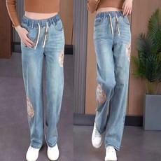 Yellwel 슬림핏 직통 데님 팬츠 여성용 여름 하이웨스트 슬림룩 편안한 와이드 핏 DJP