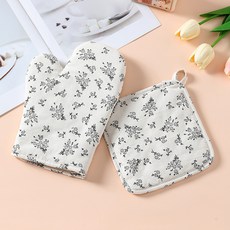 隔熱手套 耐高溫 加厚設計 烤箱適用 廚房防燙 烘焙工具 家用防護+清新小碎花手套+垫子+默认尺寸, 1個, 清新小碎花手套+垫子:默认尺寸