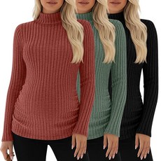 Xaatren 3팩 여성용 임산부 셔츠 터틀넥 긴소매 스웨터 사이드 주름 장식 슬림 티 골지 베이직 탑 캐러멜 그린 블랙 XXL 106231