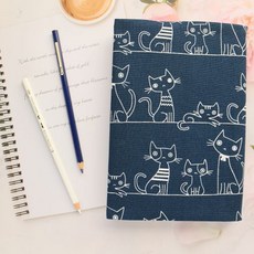 線條貓藍色書衣，可調式布書套，適用A6 A5 A4 B6 50K 25K 32K 20K 16K, 1個