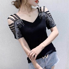 핫 펀칭 오프숄더 반팔 티셔츠 여 여름 루즈핏 빅사이즈 통통mm