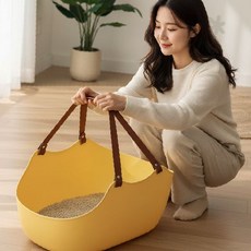 반려묘 실내 외출 여행 휴대 간편 손잡이 타원형 플라스틱 배변 용기 위생 관리, 1개, 상세페이지 참조